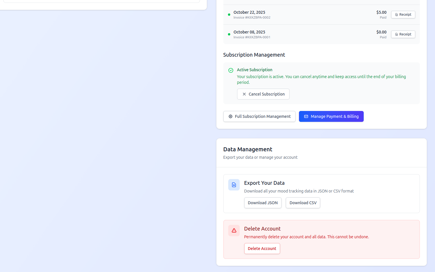 Data Export - Download your mood data in JSON or CSV